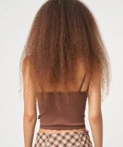 Minga London Chocolate Brown Lace Trim Cami Top Clothing