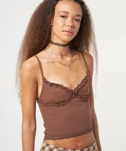 Minga London Chocolate Brown Lace Trim Cami Top Clothing
