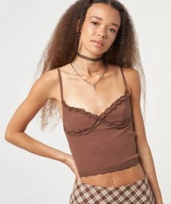 Minga London Chocolate Brown Lace Trim Cami Top Clothing