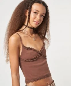 Minga London Chocolate Brown Lace Trim Cami Top Clothing