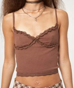 Minga London Chocolate Brown Lace Trim Cami Top Clothing