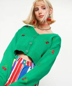 Minga London Clothing Cherry Girl Green Crop Cardigan