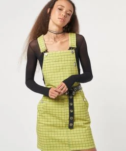 Minga London Lime Green Check Dungaree Dress Dresses & Overalls