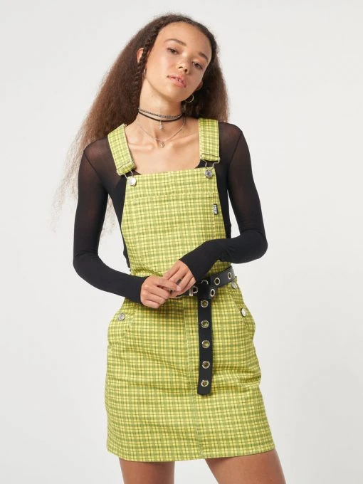 Minga London Lime Green Check Dungaree Dress Dresses & Overalls