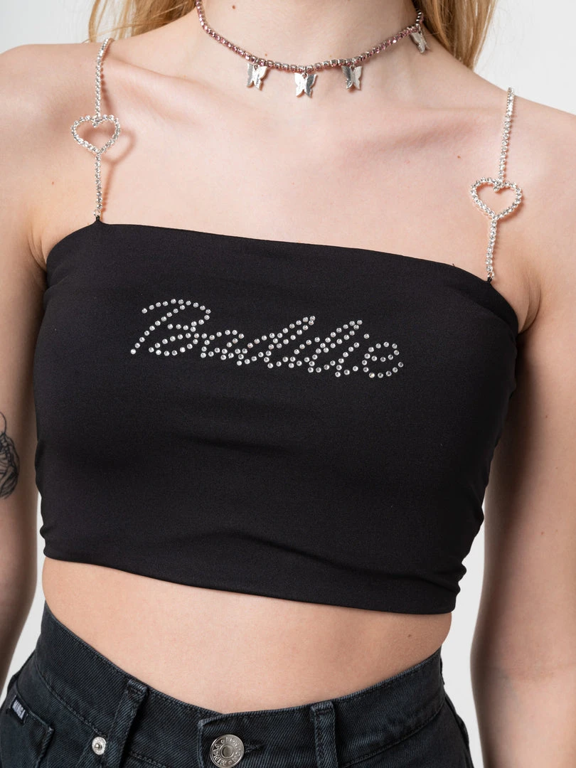 Minga London Clothing Baddie Rhinestone Heart Strap Crop Top
