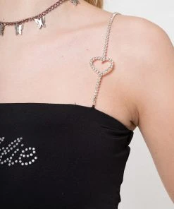 Minga London Clothing Baddie Rhinestone Heart Strap Crop Top