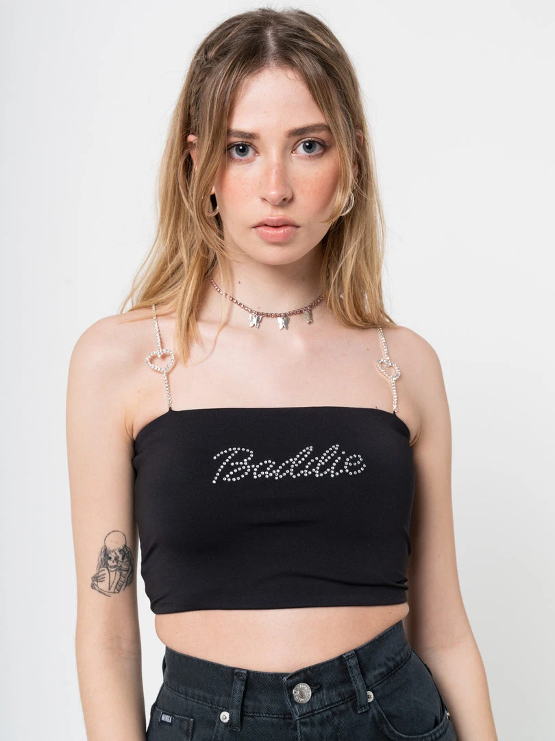 Minga London Clothing Baddie Rhinestone Heart Strap Crop Top