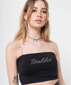 Minga London Clothing Baddie Rhinestone Heart Strap Crop Top