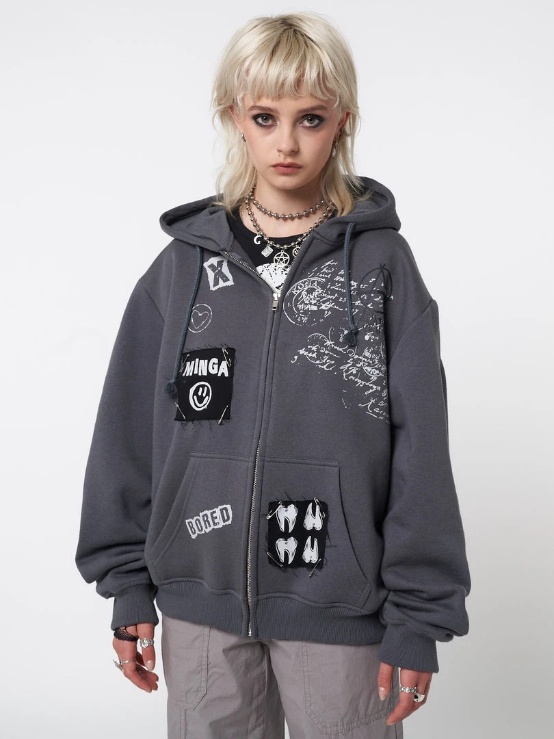 Minga London Billie Patch Prints Zip Up Hoodie Jacket Most Wanted