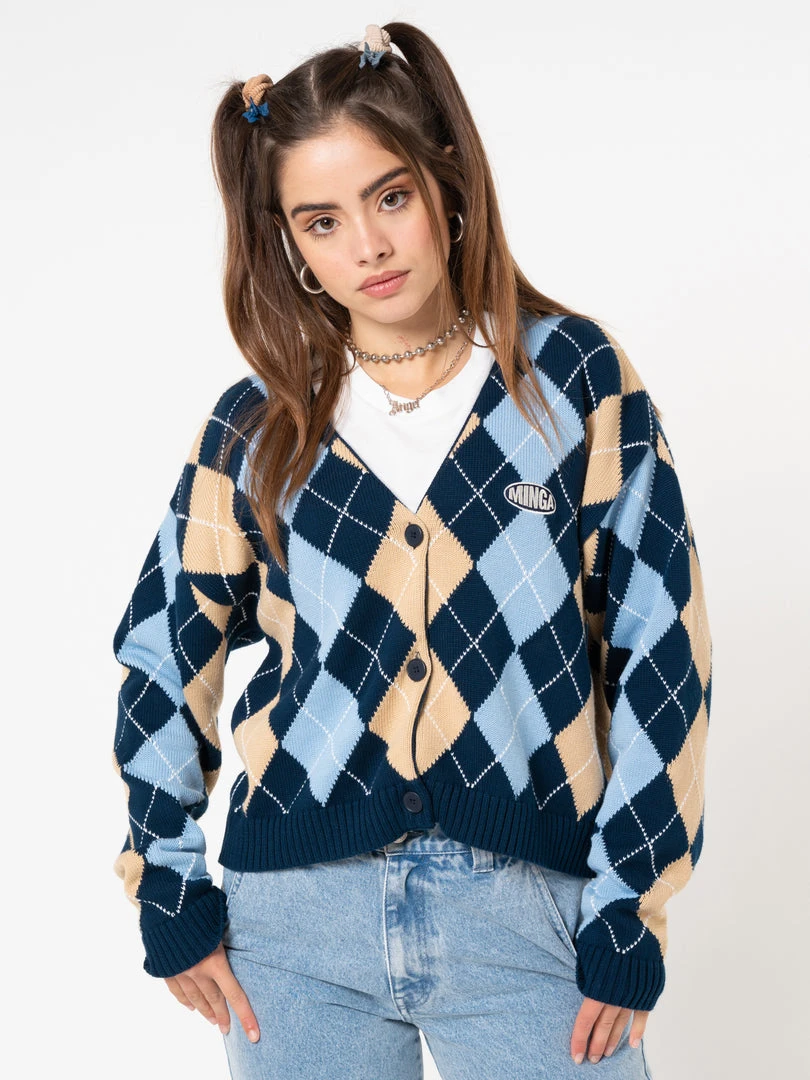 Minga London Blue Beige Argyle Knitted Cardigan