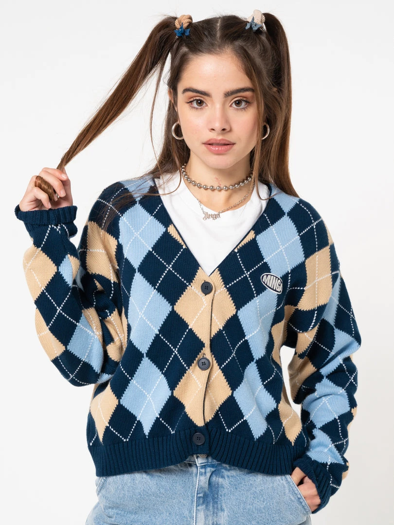 Minga London Blue Beige Argyle Knitted Cardigan