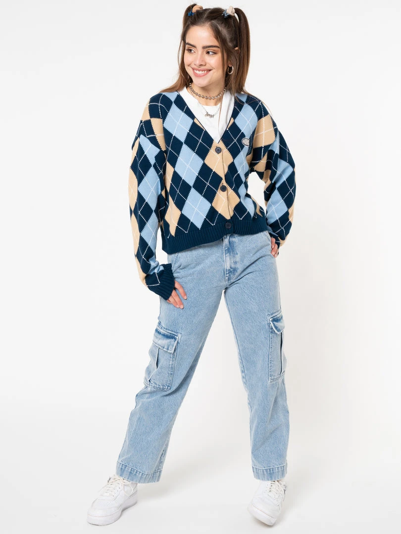 Minga London Blue Beige Argyle Knitted Cardigan