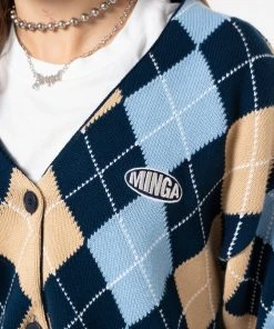 Minga London Blue Beige Argyle Knitted Cardigan