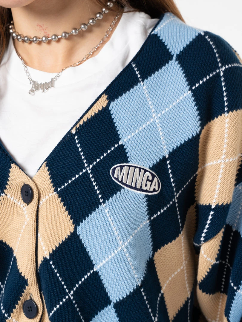 Minga London Blue Beige Argyle Knitted Cardigan