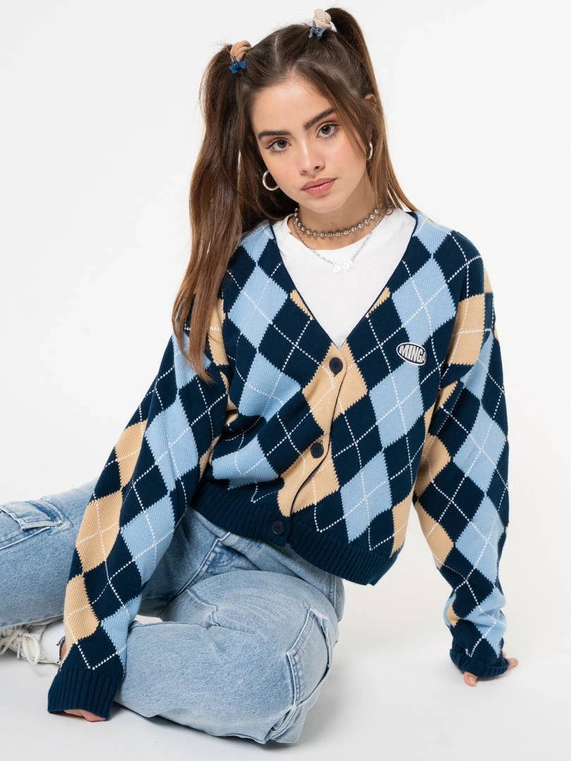 Minga London Blue Beige Argyle Knitted Cardigan