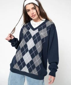 Minga London Blue Grey Argyle Knitted Jumper
