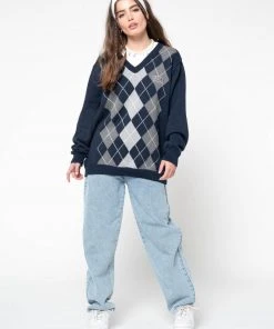 Minga London Blue Grey Argyle Knitted Jumper