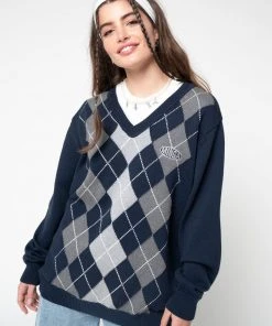 Minga London Blue Grey Argyle Knitted Jumper