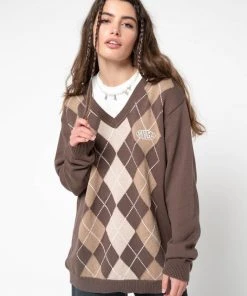 Minga London Brown Beige Argyle Knitted Jumper
