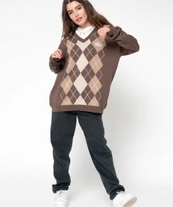 Minga London Brown Beige Argyle Knitted Jumper