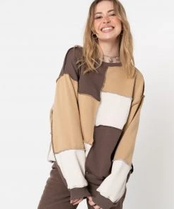 Minga London Clothing Brown Beige Patchwork Contrast Sweater