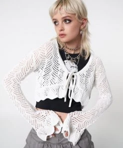 Minga London Elsie Tie Front Frill Crochet Crop Cardigan Most Wanted