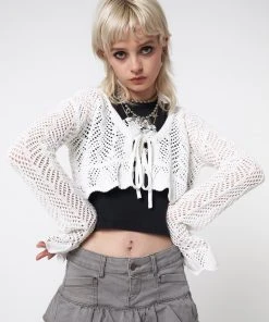 Minga London Elsie Tie Front Frill Crochet Crop Cardigan Most Wanted