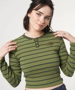 Minga London Emerald Striped Rib Half Button Top Clothing