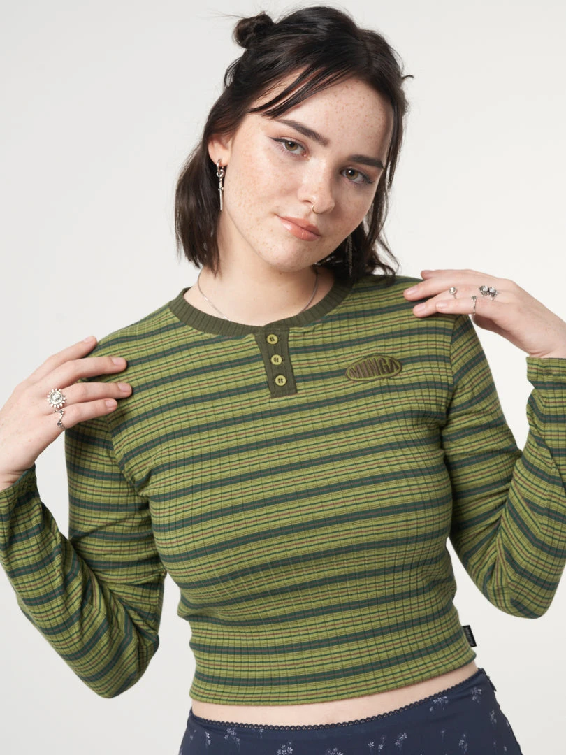 Minga London Emerald Striped Rib Half Button Top Clothing