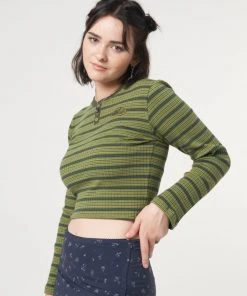 Minga London Emerald Striped Rib Half Button Top Clothing