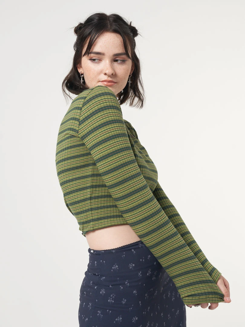 Minga London Emerald Striped Rib Half Button Top Clothing