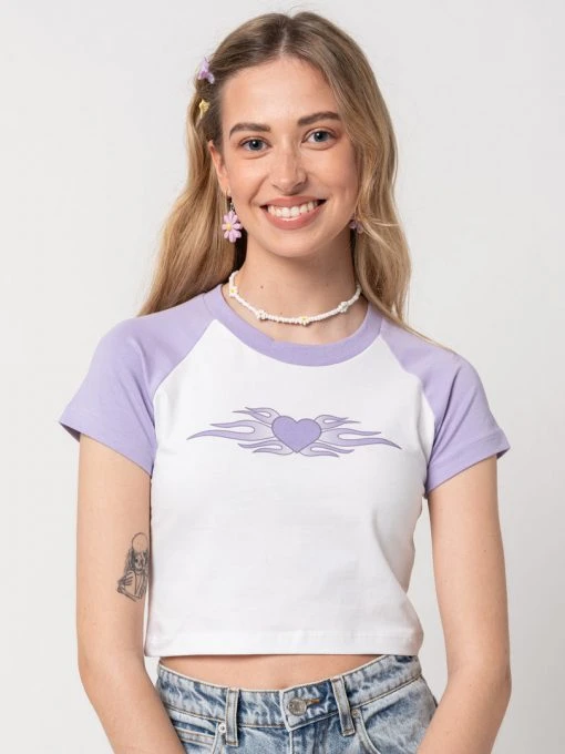 Minga London Tops & Tees Flaming Heart Raglan Crop Tee