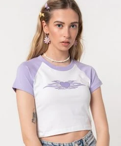 Minga London Tops & Tees Flaming Heart Raglan Crop Tee