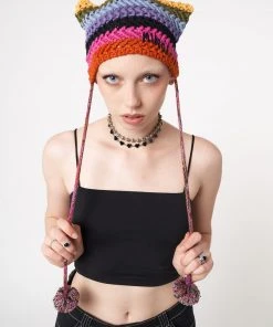 Minga London Joy Rainbow Stripes Knit Tie Hat