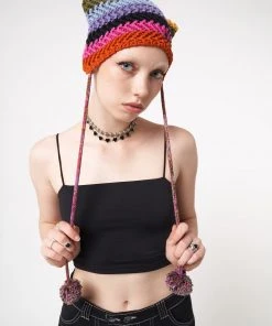 Minga London Joy Rainbow Stripes Knit Tie Hat