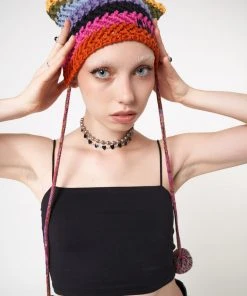 Minga London Joy Rainbow Stripes Knit Tie Hat