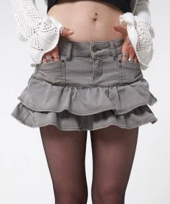 Minga London Most Wanted Kat Washed Grey Denim Y2k Mini Skirt