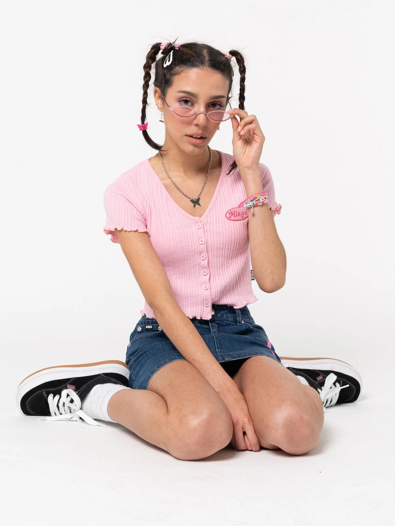 Minga London Lipgloss Pink Ruffle Button-Down Top Clothing