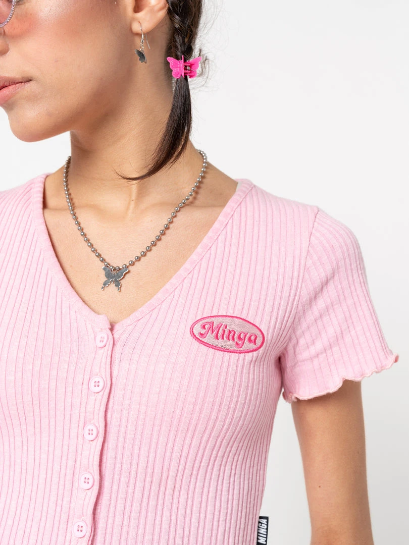 Minga London Lipgloss Pink Ruffle Button-Down Top Clothing