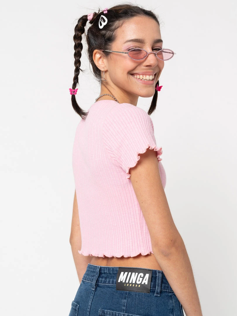 Minga London Lipgloss Pink Ruffle Button-Down Top Clothing