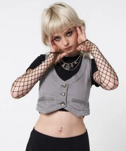 Minga London Liv Washed Grey Denim Y2k Waistcoat