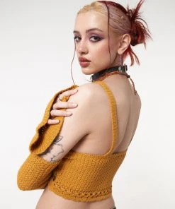 Minga London Most Wanted Ariel Golden Yellow Knitted Flare Crop Top