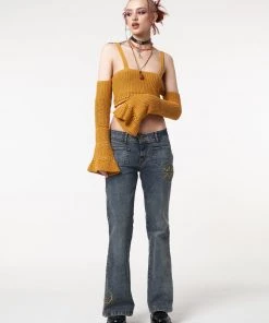Minga London Most Wanted Ariel Golden Yellow Knitted Flare Crop Top