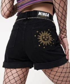 Minga London Astral Black Embroidered Denim Mom Shorts Most Wanted
