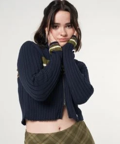 Minga London Clothing Bella Double Zip Striped Rib Cardigan