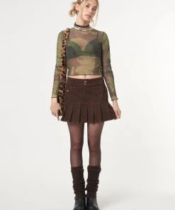 Minga London Brown Corduroy Pleated Mini Skirt