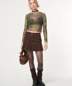 Minga London Brown Corduroy Pleated Mini Skirt