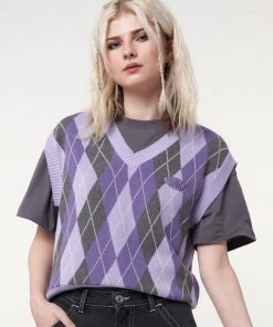 Minga London Cleo Argyle Purple Knit Vest Clothing