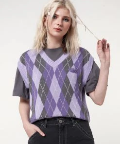 Minga London Cleo Argyle Purple Knit Vest Clothing