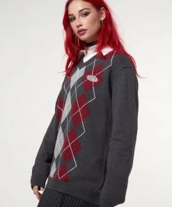Minga London Clothing Division Grey Black Red Argyle Knitted Jumper